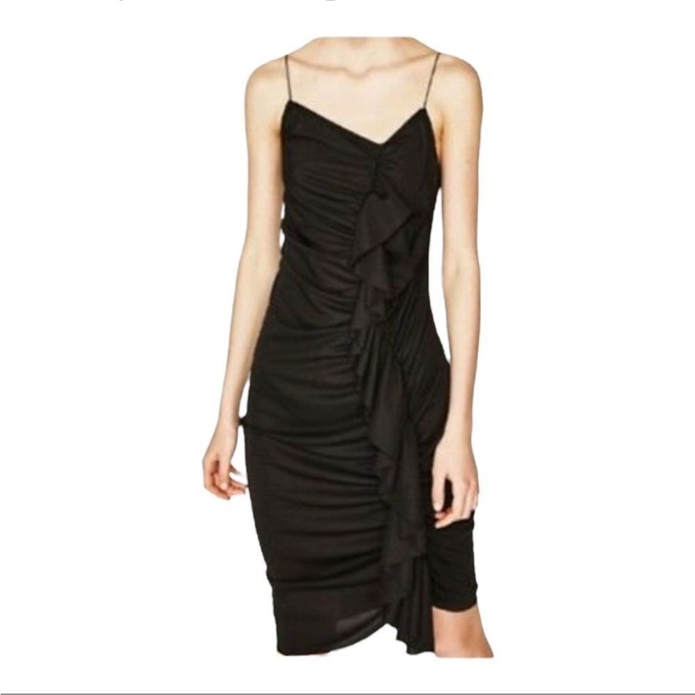 Zara Black Asymmetrical Ruched Slip Dress